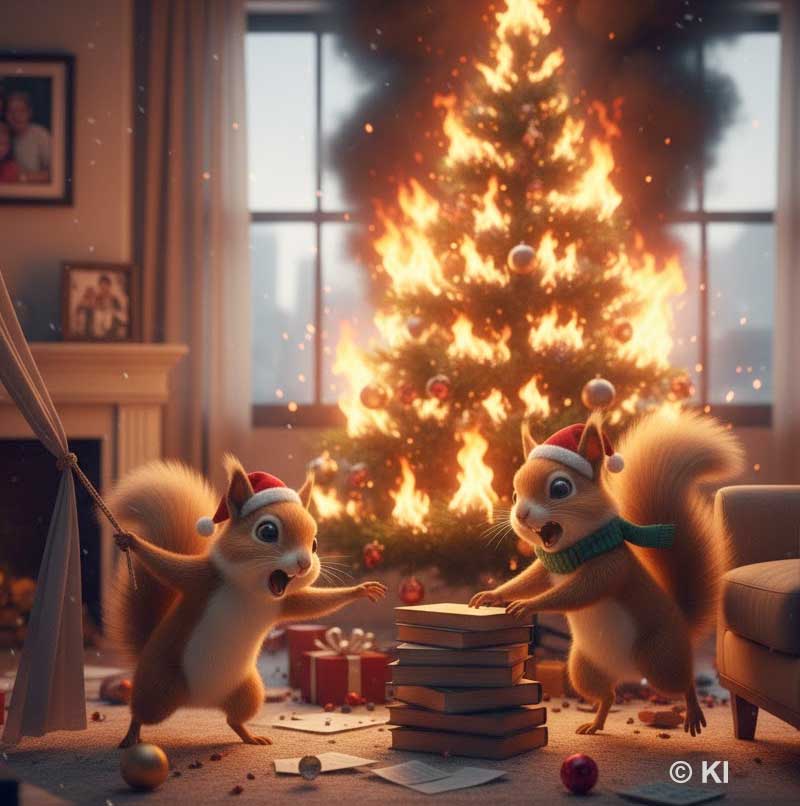 © KI, Bild zeigt zwei Hörnchen des ver.di Mitgliederservice. Ein Motiv aus dem Adventskalender-