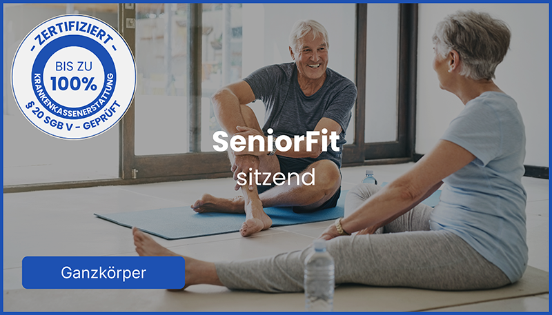 Bild zeigt 2 Menschen beim Training und den Schriftzug: SeniorFit sitzend © COPETEC